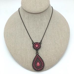 Southwest Style Dark Gold Tone Pendant Necklace Pink Faux Stone Accents Western